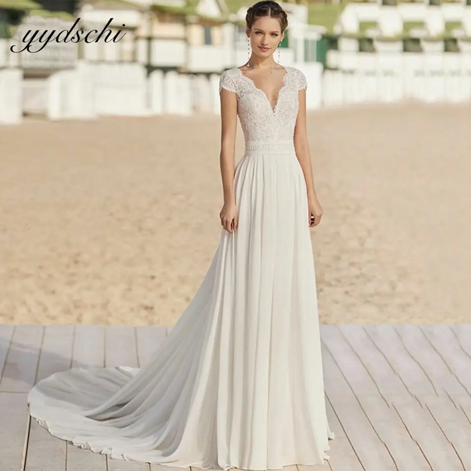 

Bohemian White/Ivory V-Neck Chiffon Wedding Dress 2022 Short Sleeves Illusion Buttons Bridal Gown vestidos Elegantes Para Mujer