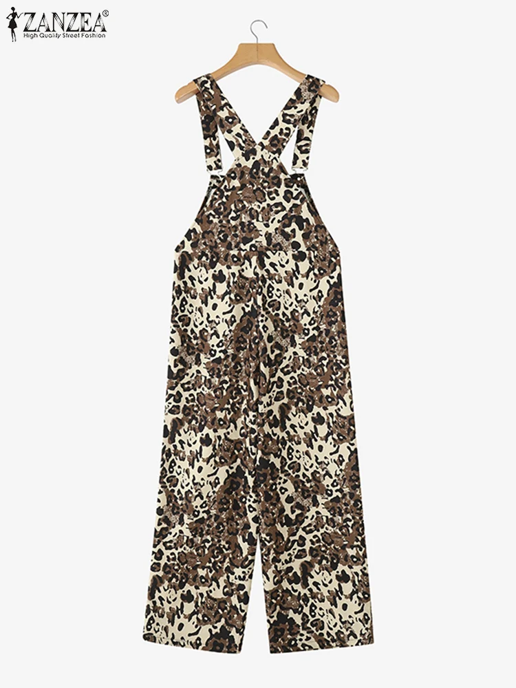 ZANZEA-monos con estampado de leopardo para mujer, monos informales con bolsillos, pantalones de pierna ancha, ropa informal suelta, peleles largos, 2025