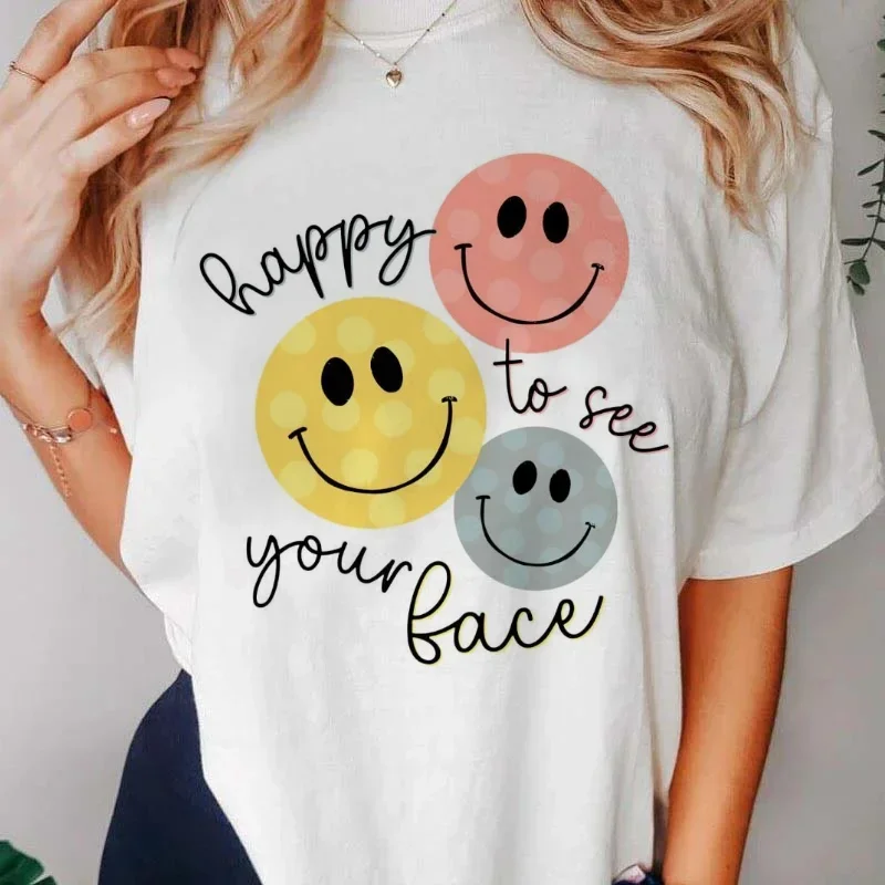 Happy To See Your Face Teacher Life Printed T-Shirt Fashion Cute Women\'s Summer Short Sleeved Casual Style Top Summer T-Shirt