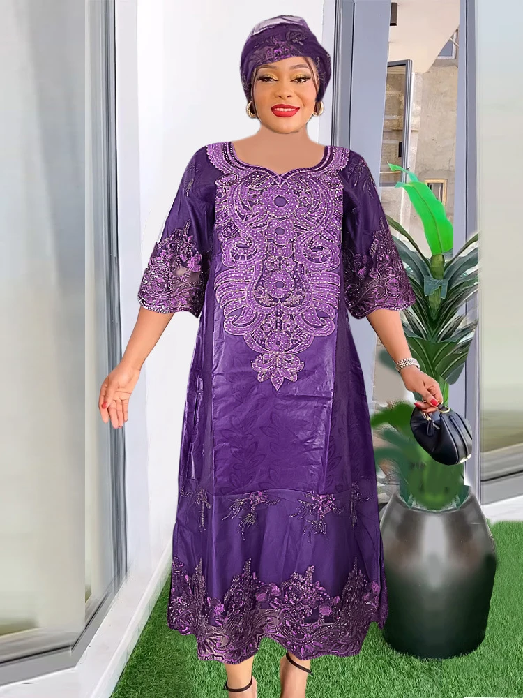 

African Traditional Bazin Dresses Elegant Women Plus Size Maxi Robe Wedding Party Evening Gown Africa Clothing Nigeria Turban