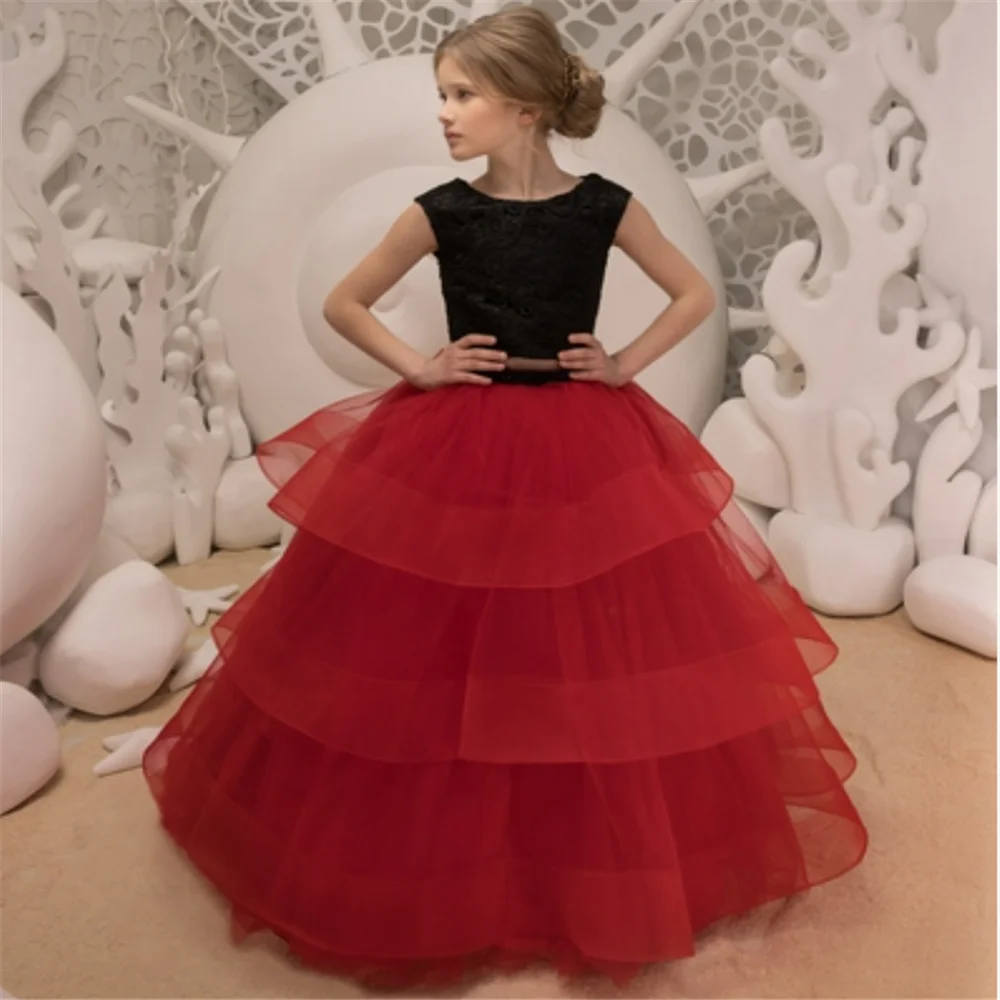 Flower Girl Dress Elegant Red Layering Fluffy Tulle Sparkle Wedding Lovely Child Eucharistic Birthday Gift Party Evening Dresses