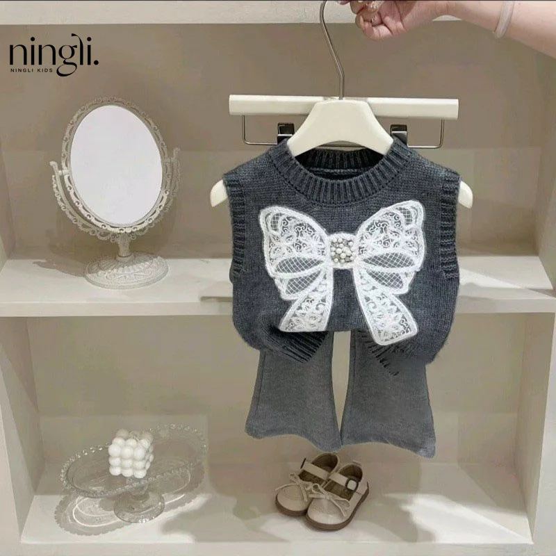 

24Autumn Girls' Korean Bow Vest Knit Casual Stitching Trousers Baby Girls' Trendy Two-Piece Suit