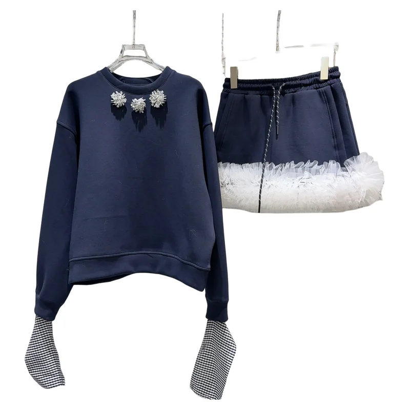 

Cool Spicy Rhinestone Embellied Толстовка с капюшоном и плиссированная юбка с рюшами Женская осенняя коллекция Faion из полиэстера Long Sve