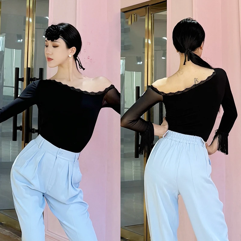 Women Clothes Latin Dance Long Sleeved Diagonal Shoulder Fringe Jumpsuit Practice Costume Chacha Rumba Tango Adult Wear DQL9987