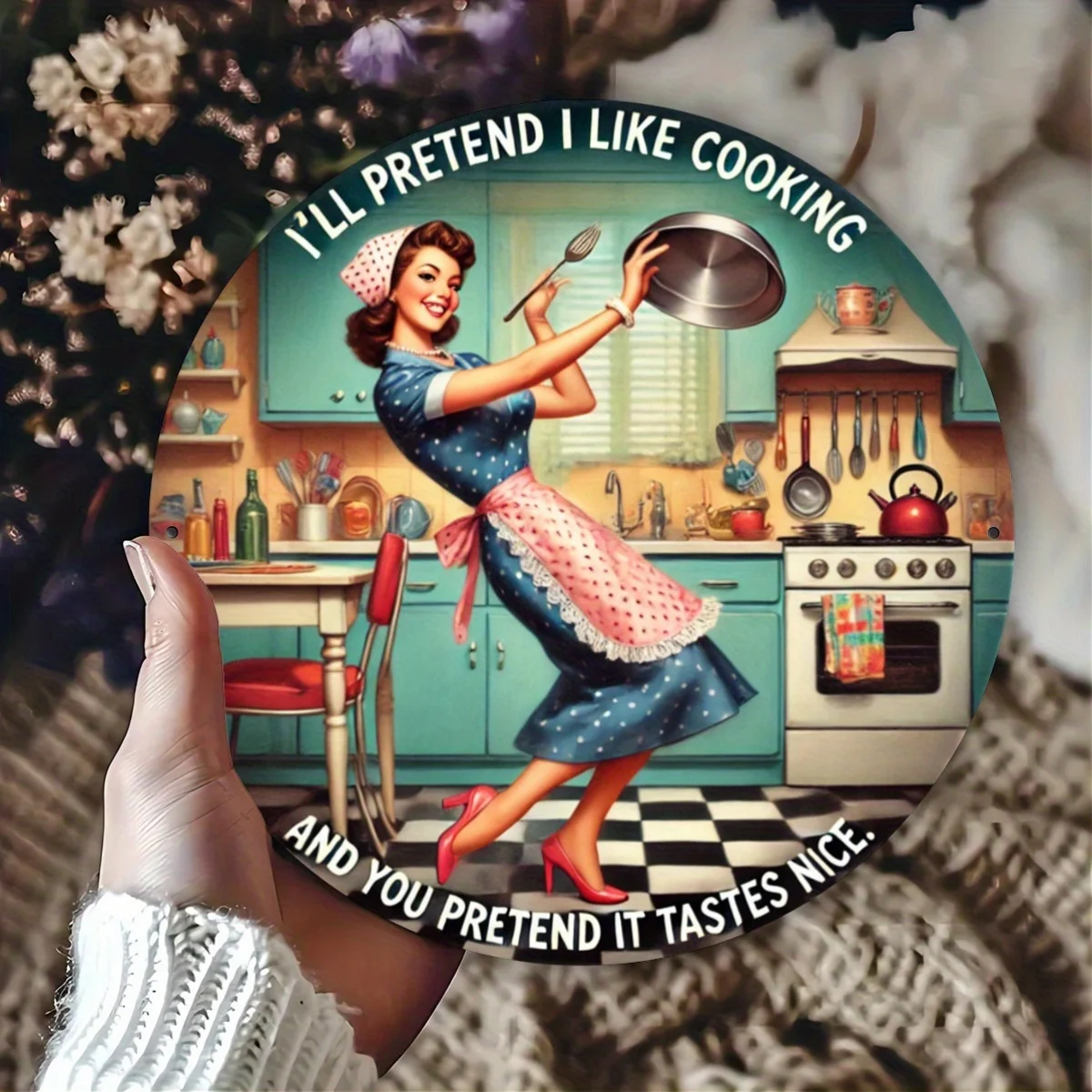 7.8 × 7.8 بوصة (20 × 20 سم) لافتة معدنية مستديرة مطبوعة مسطحة ثنائية الأبعاد - قواعد المطبخ - ديكور فني جداري من الحديد المطاوع العتيق للمنزل، R #1