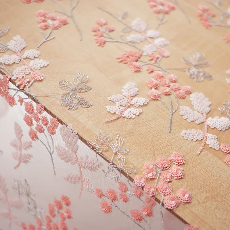 

Quality pink series soft gauze fabric Sequin Flower Embroidery tissu High grade wedding dress fabrics