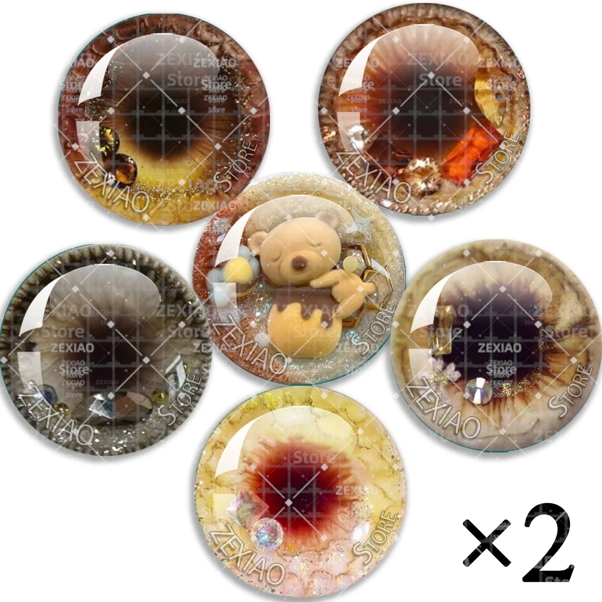 12Pcs Cute Brown Bear Patterns Glass Eye Chips Round Cabochon 10‑40mm DIY Eye For Blythe BJD Doll Handcraft Accessories Gift MS0