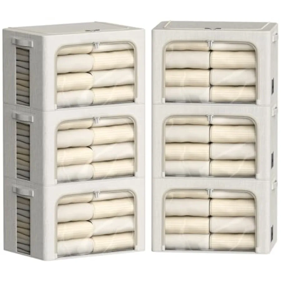 

6 Pack Clothes Storage Bins with Metal Frame Foldable Storage Bins for Clothes Linen Fabric Storage Box with Clear Window 15.7x
