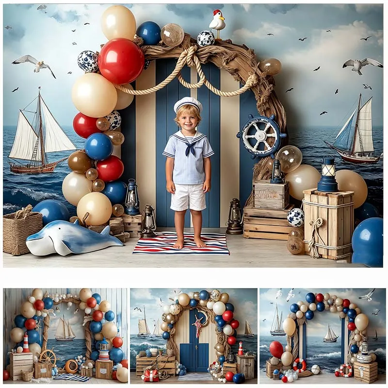 LS Photography Backdrop Blue Sail Shell Beach Decoration Baby Shower Newbron Birthday Party Backgrounds For Photographs