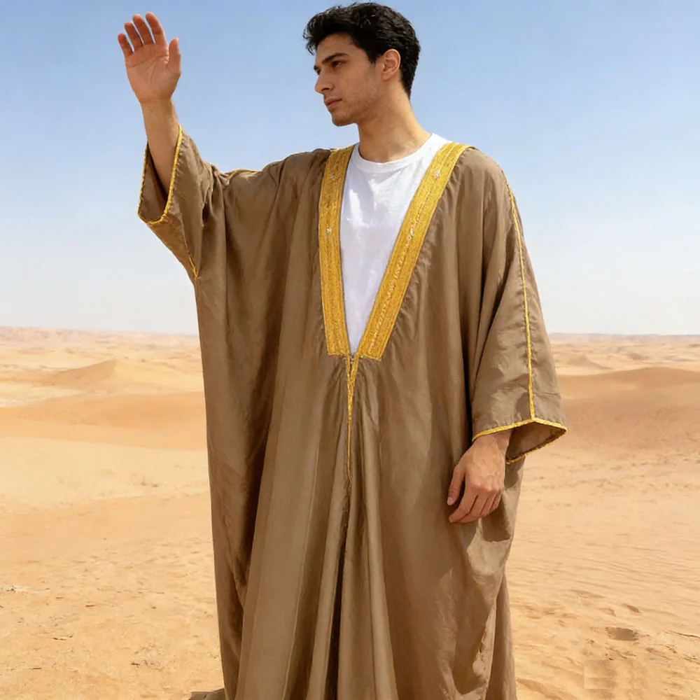 High Quality Islamic Muslim Dubai Men Abaya Eid Arab Thobe Saudi Men Robe Embroidery Bachelor Jubba Thobe Long Coat Saudi Arabia
