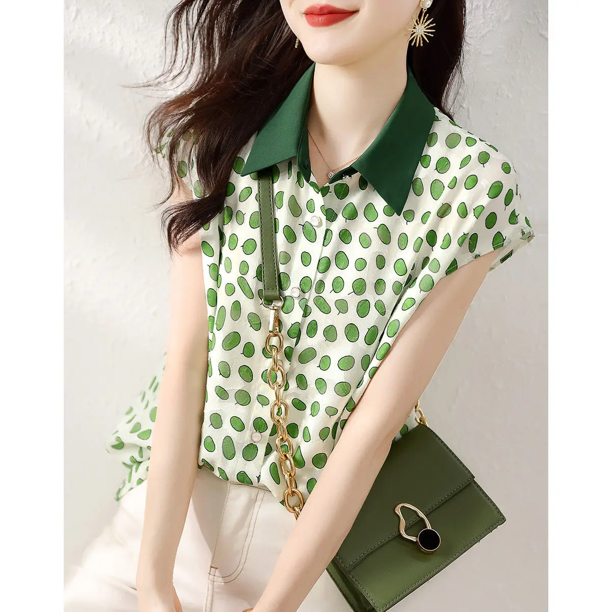 Summer 2023 New All-match Polka Dot Turn-down Collar Short Sleeve Shirts Femme Elegant Patchwork Blouse Women Clothes Buttons