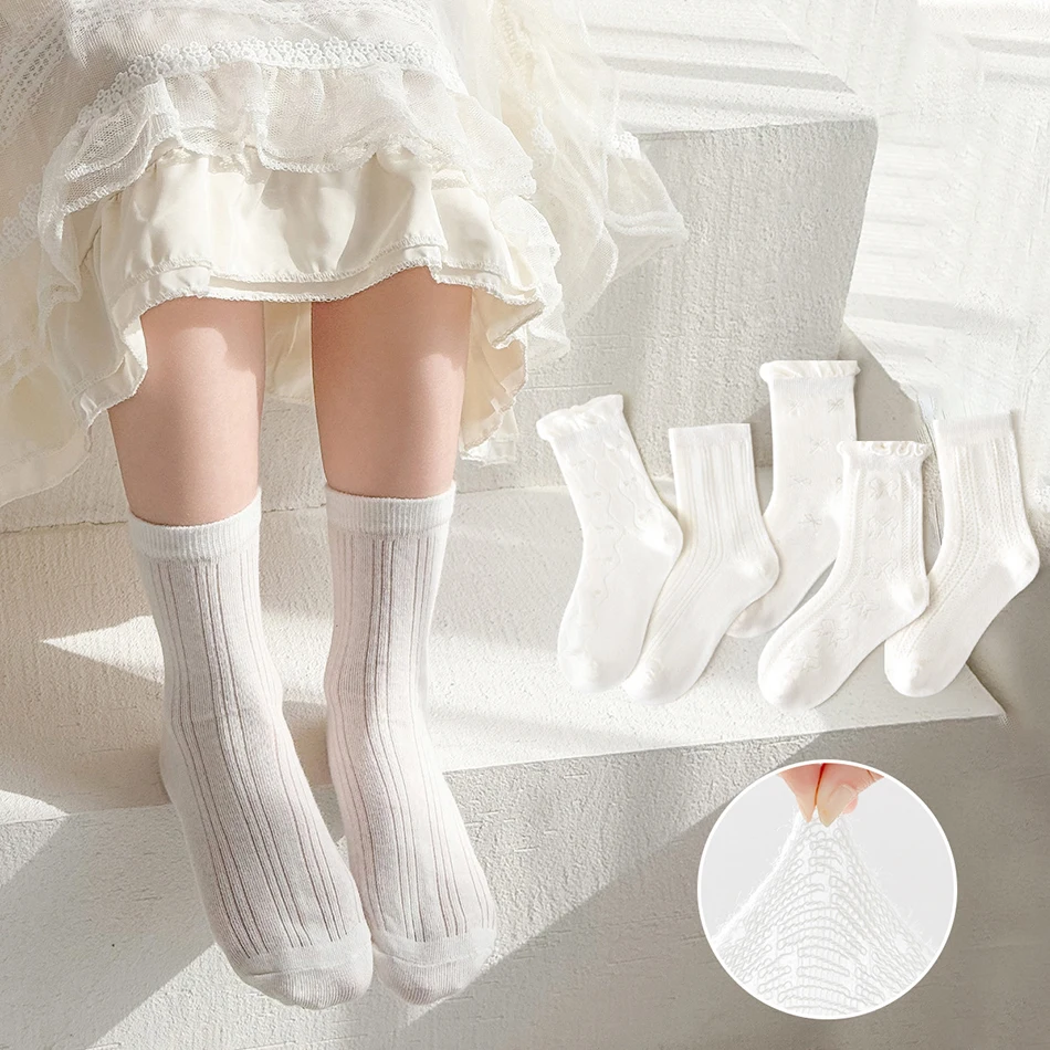 5 Pairs/Pack Girls Princess Lace Socks Summer Thin White Lolita Ankle Socks Breathable Stocking for Children Kids Casual Clothes