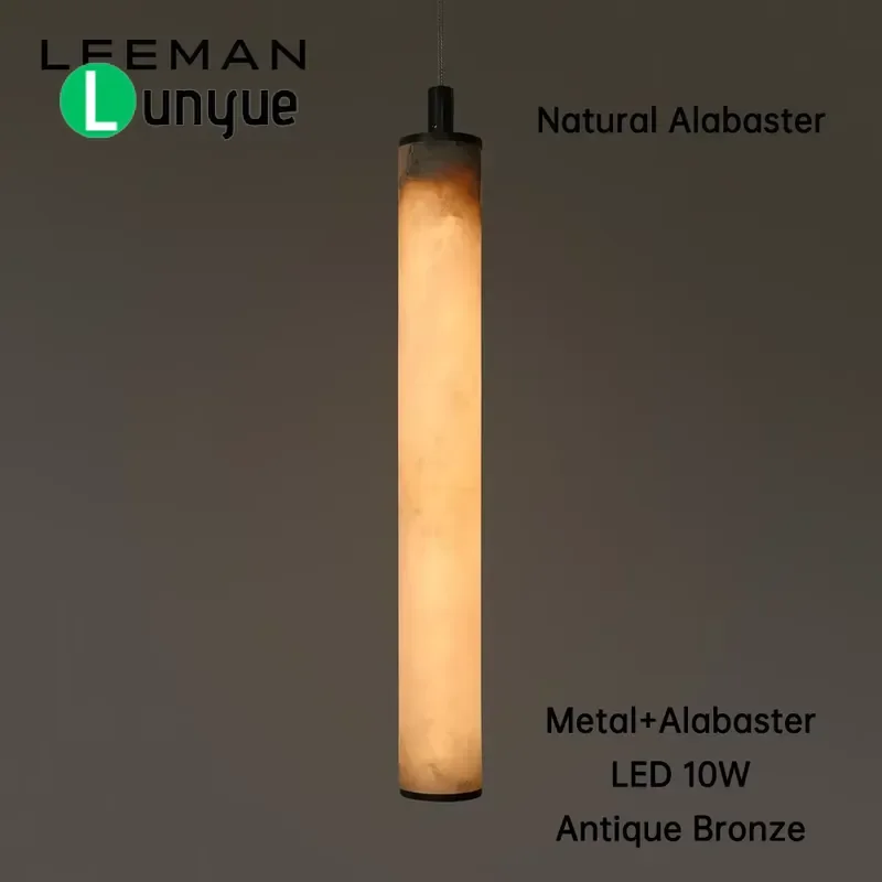 Simple Cylindrical Alabaster Chandelier Bronze Marble Pendant Light for Bedroom Kitchen Island Dining Table Modern Decor
