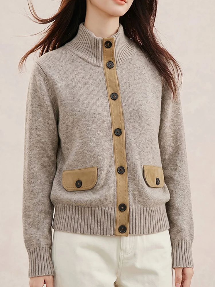 Lady's traditional money-style stand-up collar knitted cardigan with beaver fur patch buttons and coat 2026 new style