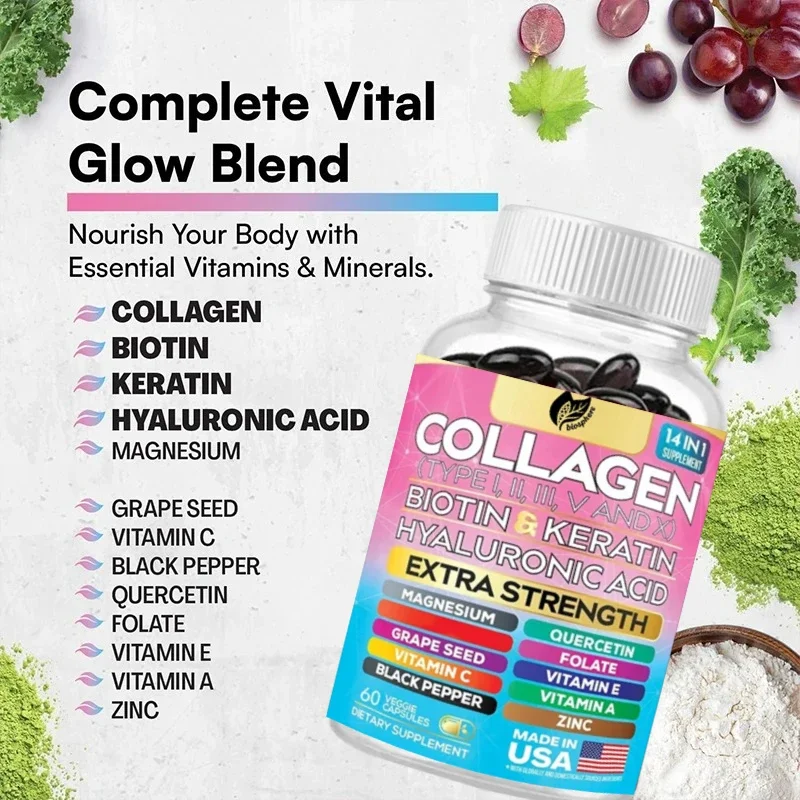 Collageenpeptide Supplement met Microgram Biotine Hyaluronzuur Zink Druivenpitten Quercetin Vitamine een Magnesium Folizuur