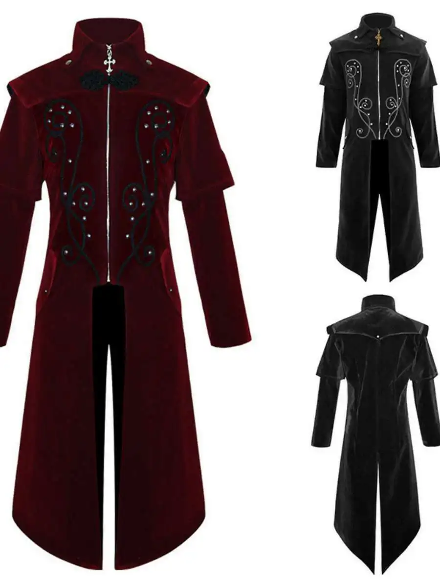 Gotische lange jas met opstaande kraag, geschikt voor podiumoptredens, herenmode, formele kleding, polyester, herfst.