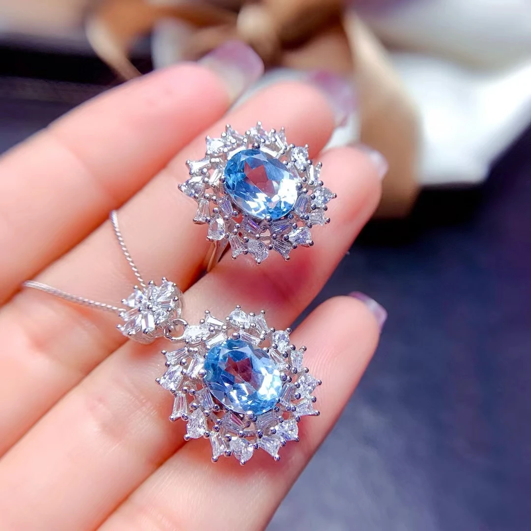 MeiBaPJ 7mm*9mm Sky Blue Topaz Fashion Flower Jewelry Set 925 Silver Ring Pendant Fine Wedding Jewelry for Women