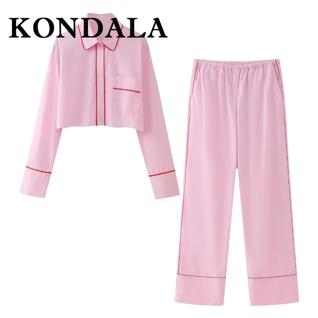 KONDALA 2025 Spring Summer Casual Striped Suit Fashion PATCHWORK Turn Down Collar Streetwear Short Shirt+Elastic Waist Long Pant
