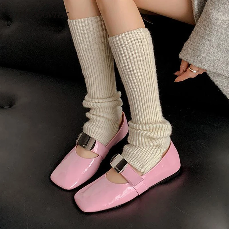 Women Genuine Leather Sqarue Head Shallow Mouth Metal Plate Decor Single Shoes Pink Black Beige Flats Mary Janes Shoes All Match