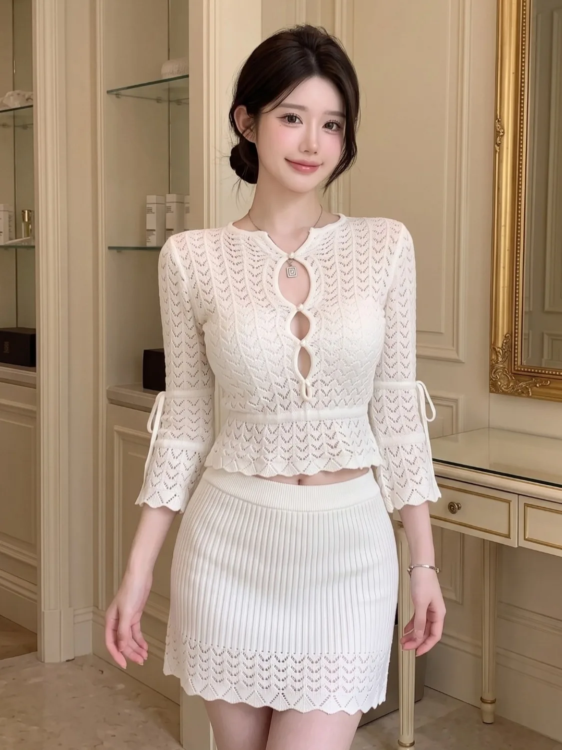 Women's Slim Fit Knitted Hollow out Top And Skirt Set Fashionable Two-Piece Ensemble Elegant Style Casual Wear All Seasons