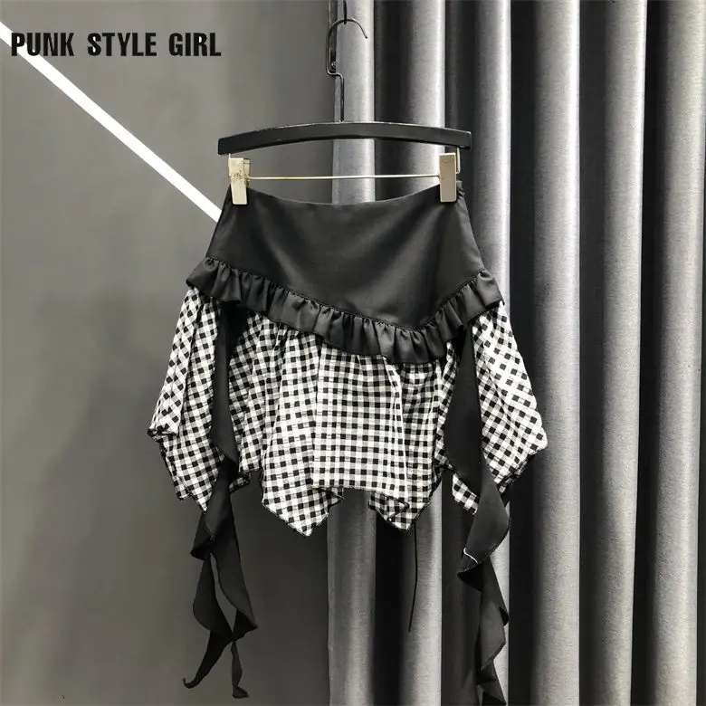 Chica caliente borla Irregular Mini dibujo a cuadros subcultura dulce falda Harajuku estética Rock Hip Hop una línea faldas de retales con volantes