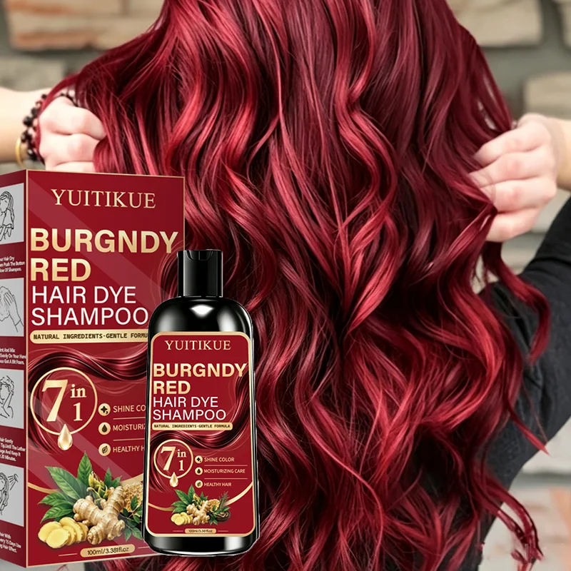 YUITIKUE Burgundy Red Hair Dye Shampoo Natural Ingredients Gentle Formula Shine Color Moisturizing Damaged Hair Care 100ml