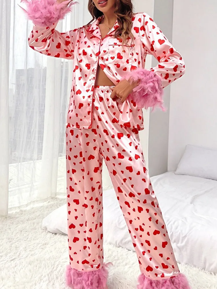 

BKLD 2025 Spring Summer New Spring Summer Women Clothing Love Printed Long Sleeve Tops And Pants Fashion Home Sets Two Pieces