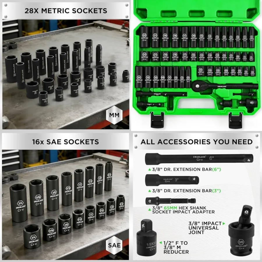 

SWANLAKE 3/8'' Drive Impact Socket Set, 50-Piece Standard SAE 5/16 to 3/4 inch and Metric (8-22mm) Size, 6 Point, Cr-V, 3/8-Inc