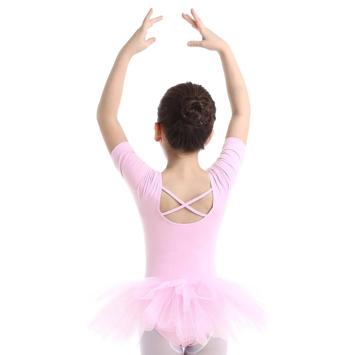 Kids Girls Gymnastics Tight Jumpsuit Dress with Mesh Skirt Short Sleeve Cotton Ballerina Tulle Ballet Dance Leotard Dress