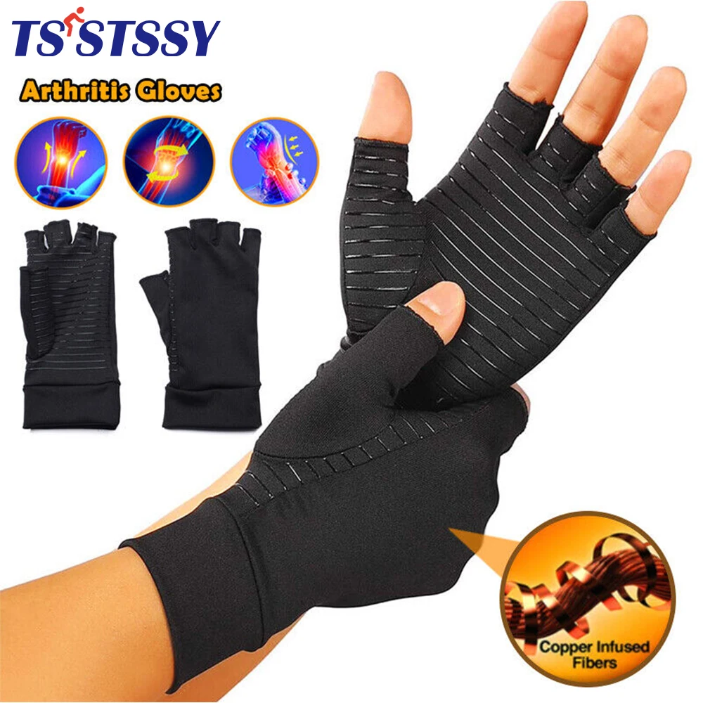 1Pair Copper Fiber Compression Gloves Wristband Hand Pain Relief Half Finger Anti-slip Therapy Gloves for Women Men Arthritis