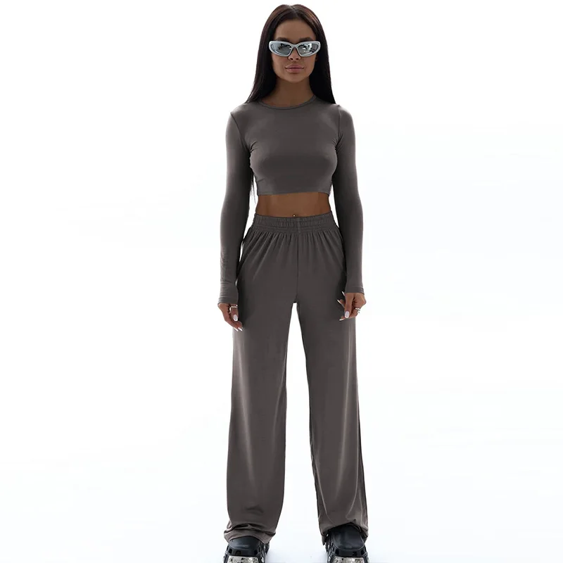 Spring New Women\'s T-shirt Loose Pants 2 Piece Long Sleeves O-Neck Tees Casual Slim Fashion Trouser Solid Basic Female Clothing