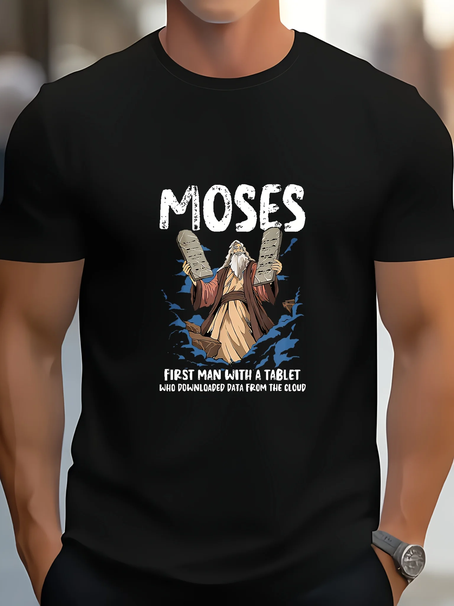 Funny Moses Christian Humor T-Shirt - First for Man with Tablet WhoUploaded to Cloud Design,   Casual Round Neck Short Sleeve Tee for Adults, S-2xl, Black, Everyday Apparel, Graphic Print Shirt, Breathable Fabric