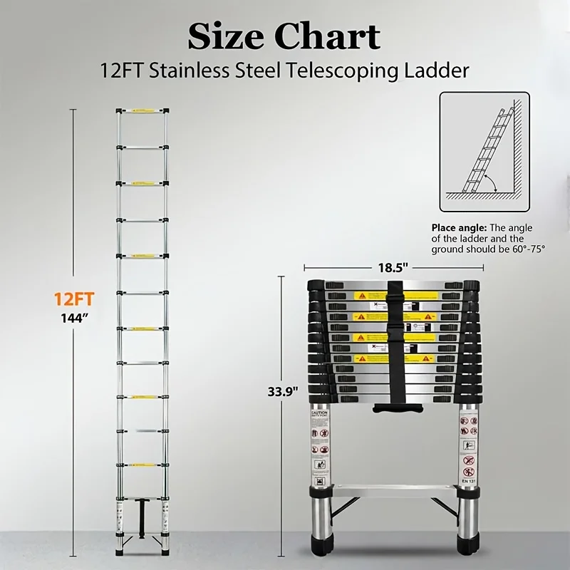 10.5/14.5ft Multifunctional Stainless Steel Telescopic Ladder Withsteps Are Spaced 12in Apart, Sturdy, Durable, Portable