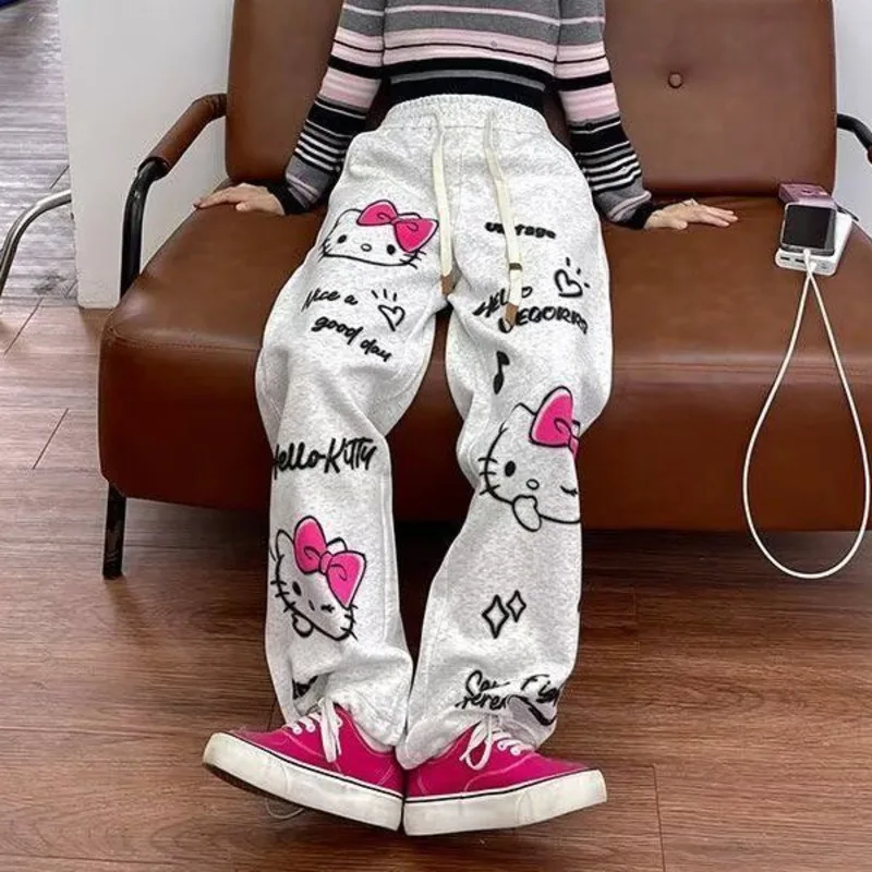 Y2k New Hello Kitty Grey Streetwear Sweatpants for Women\'s Spring and Autumn Graffiti Sports Straight Tube Loose Wide Leg Pants