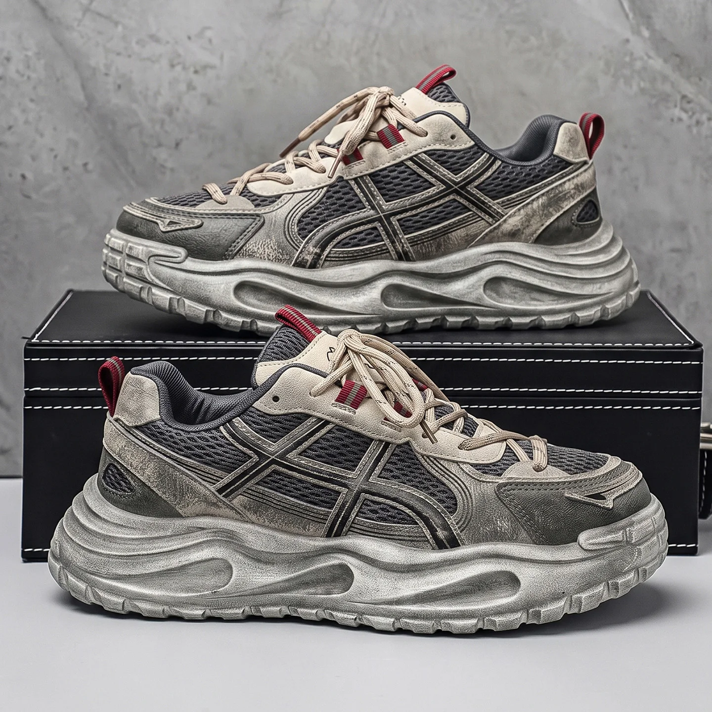 Men's Breathable Mesh Upper Sneakers, Trendy Fashion Brushed Distressed Thick‑Sole Height‑Increasing Casual Sports Shoes