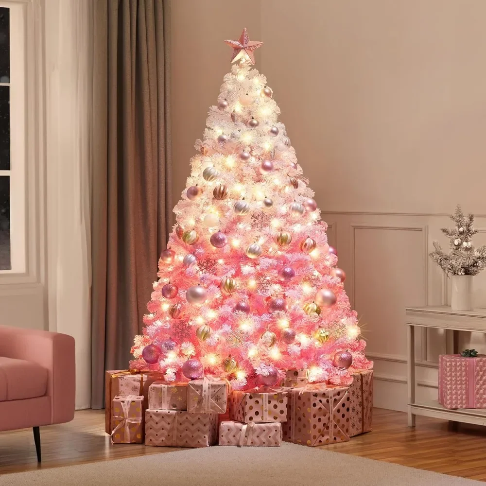 

6ft Pre-lit Artificial Christmas Tree with Incandescent Warm White Lights, Snow Flocked Full Xmas Tree with Foldable Stand,Pink