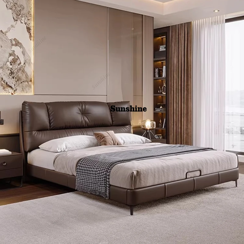 Italian minimalist leather bed, modern and simple Nordic master bedroom, small apartment down upholstery