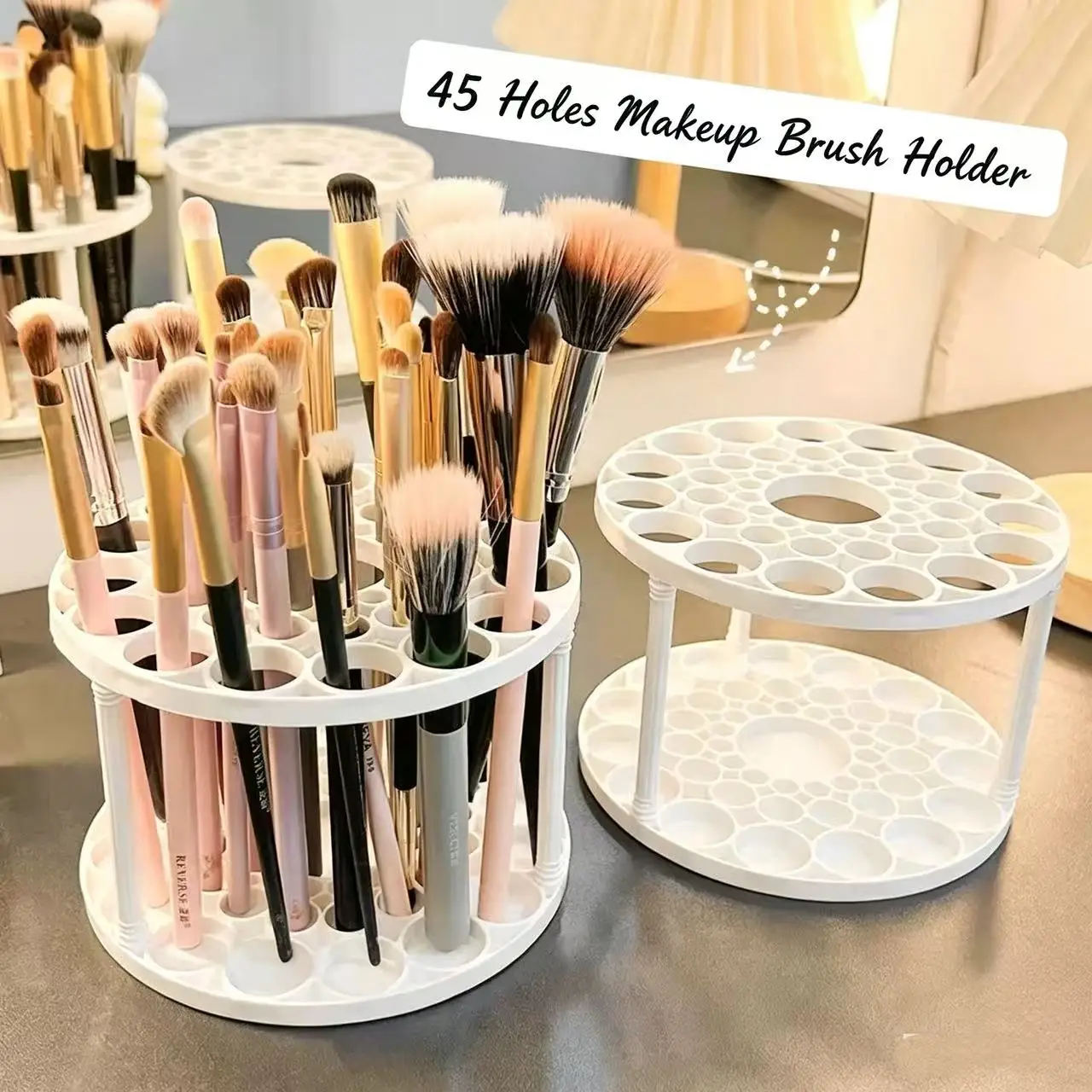 45 Holes Desktop Storage Organizer Multi-use Pen & Makeup Brush Holder, Holds Stationery Cosmetic Tools For Bedroom Vanity Schoo