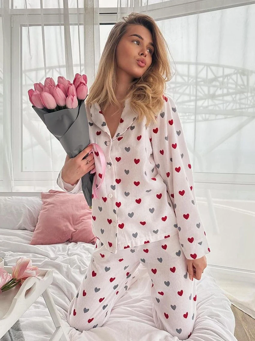 Marthaqiqi Autumn Women'S Nightwear Set Sexy Turn-Down Collar Nightgown Long Sleeve Sleepwear Pants Causal Printing Home Clothes