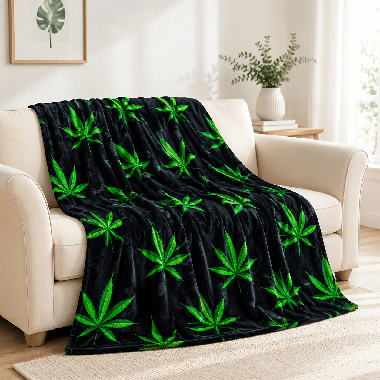 Green Weed Leaf Blanket Black Flannel Fleece Throw Blankets Cozy Luxury Sofa Bedspread Aesthetic Room Bedding Home Decor