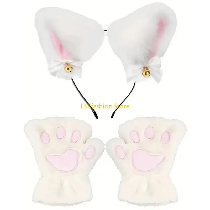 

Y5GC Хэллоуин кошки одеваются аксессуары обруч для волос с кошачьими ушками, ожерелье хвост, перчатки, косплей костюм кошки для