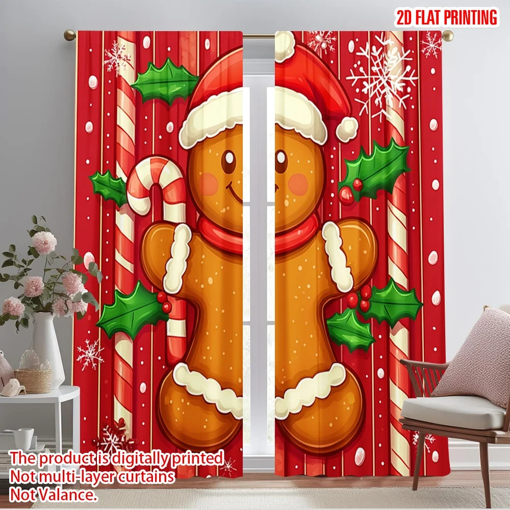 

2pcs,2D plane printing Light Filtering Curtains Cute Gingerbread Man Holiday Festive Snowflakes (2) Durable Polyester (without
