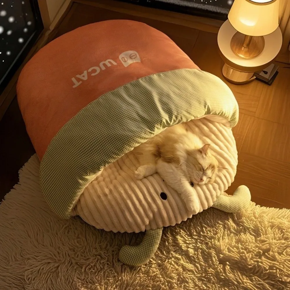 

Cute Cartoon 3D Cat Sleeping Bag Warm Semi-enclosed Plush Cat Bed Comfortable Soft Tunnel Cat Nest Winter