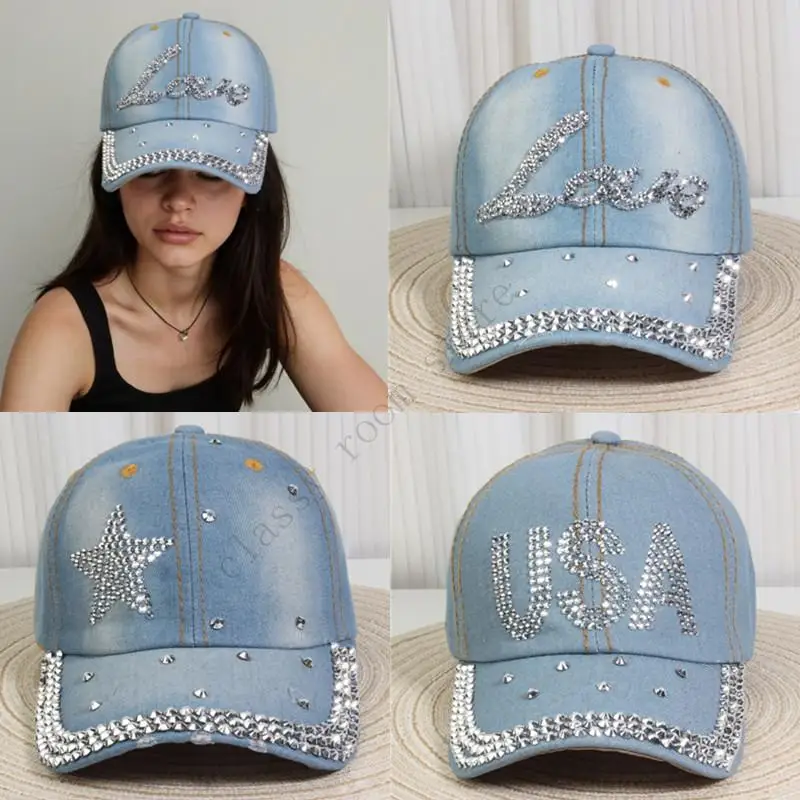 

A0NF Sparkling Star Decorated Denims Baseball Hat Rhinestones Slimming Baseball Hat for Outdoor Activity