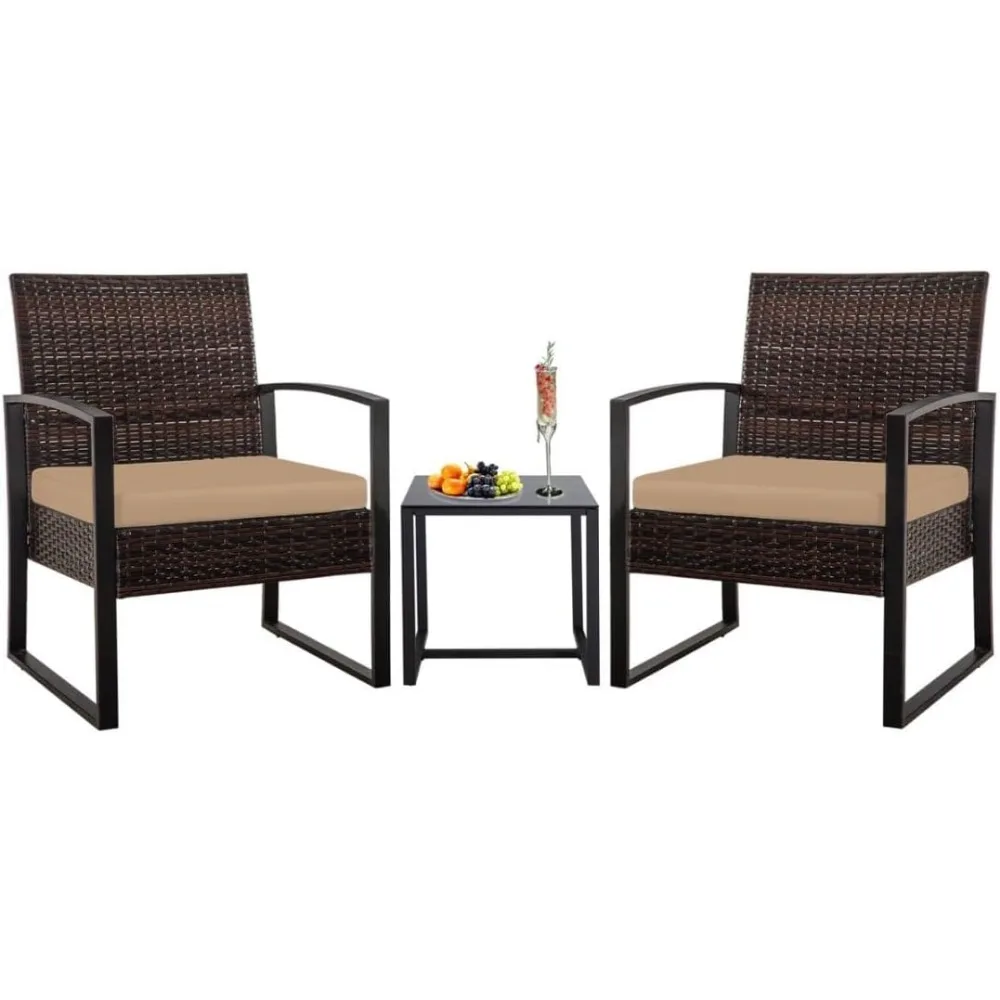 

3 Piece Patio Bistro Set, Outdoor Wicker Apartment Balcony Furniture Sets, Rattan Table and Chairs Set of 2 for Porch Backyard