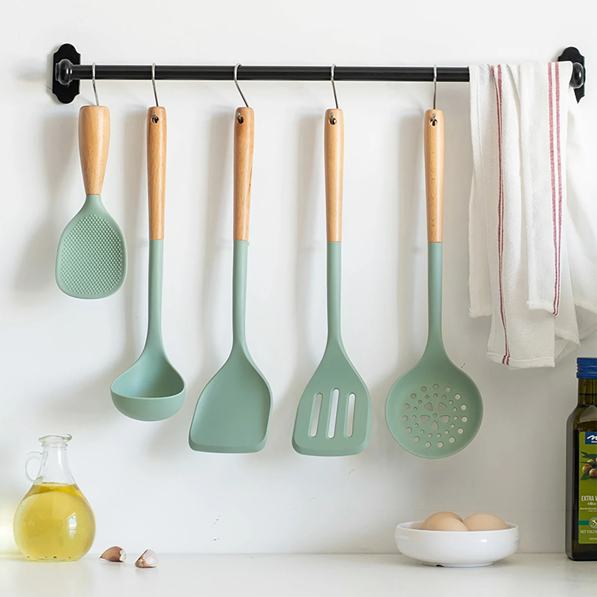 5pcs Silicone Kitchen Utensils Set Wooden Handle Non-stick Spatula Cookware Set Fried Shovel Leaky Spoon Rice Spoon Kitchen Tool