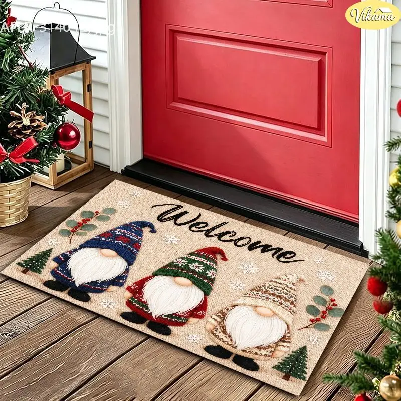 VIKAMA Burlap Gnome Welcome Tree Snow Plush Velvet Door Mat Non Slip Welcome Rug for Christmas Soft Cozy Aesthetic Home Decor