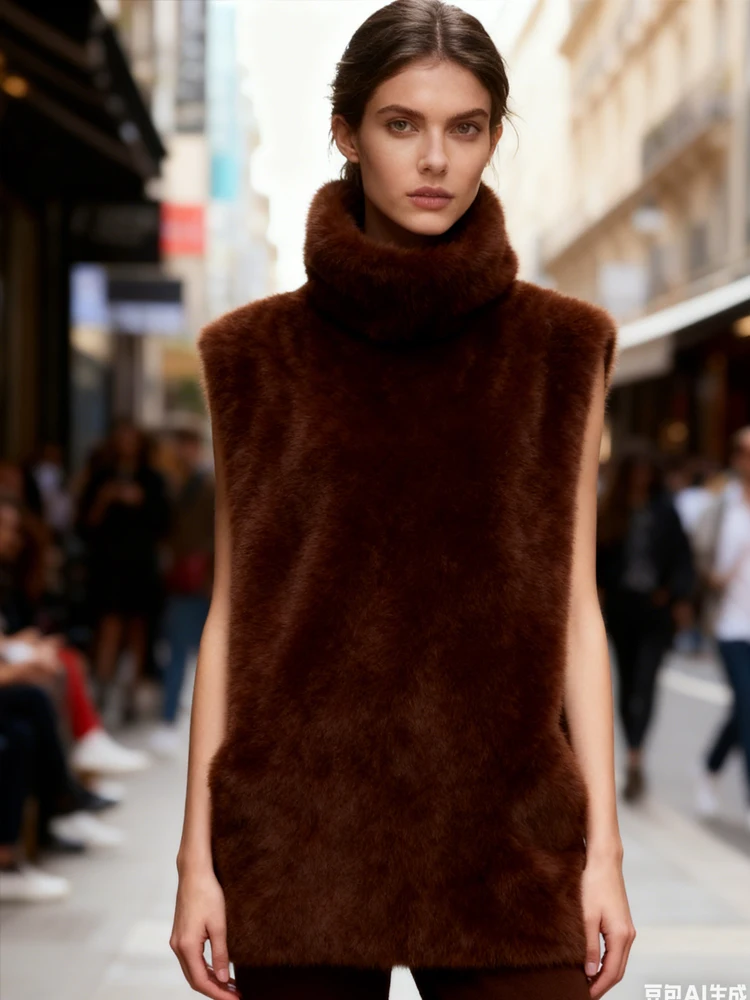 

Kliou Autumn New Style Tank Tops Woman Furry Patchwork Turtleneck Daily Street Casual Simple Fashion Solid Elegant Clothing