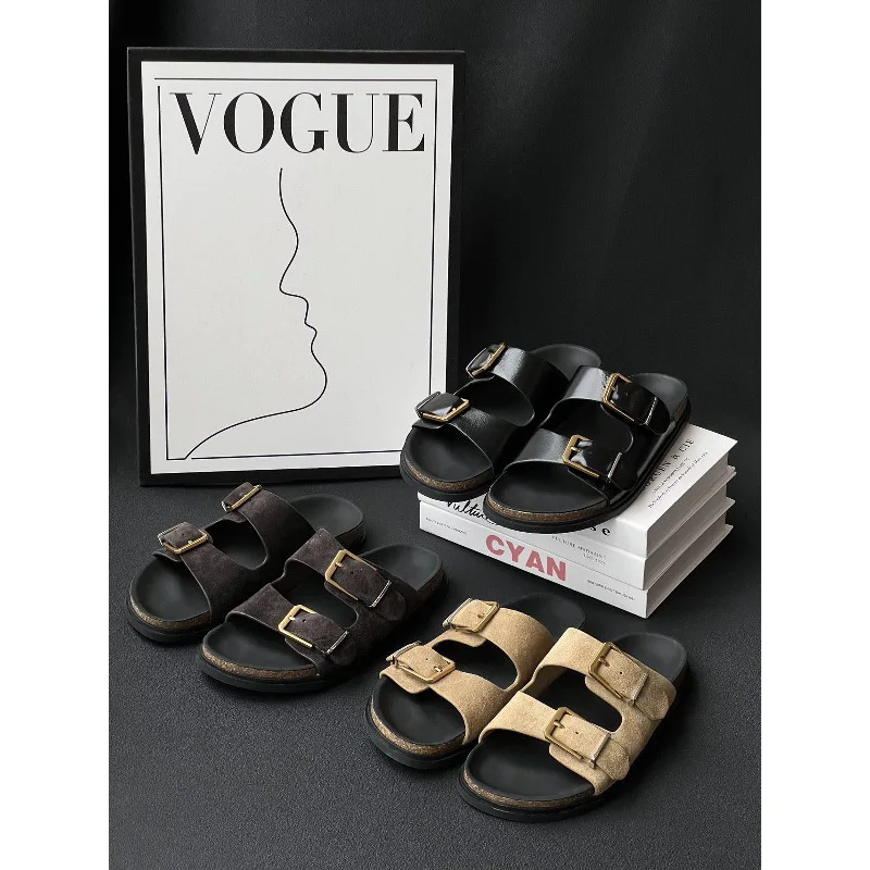 

Dave&di French Minimalist Thick-soled Open-toe Slippers For Women Genuine Leather Sandals Metal Double Buckle Comfortable Shoes