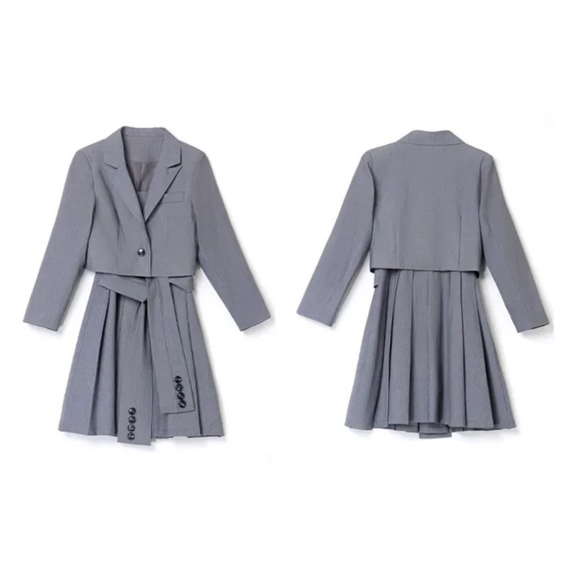 Blazers Suits Office Wear Women Dresses Sets Spring Slim Fit Short Pleated Dress 2 Piece Trendy Grace Fashion Look Thin Commute
